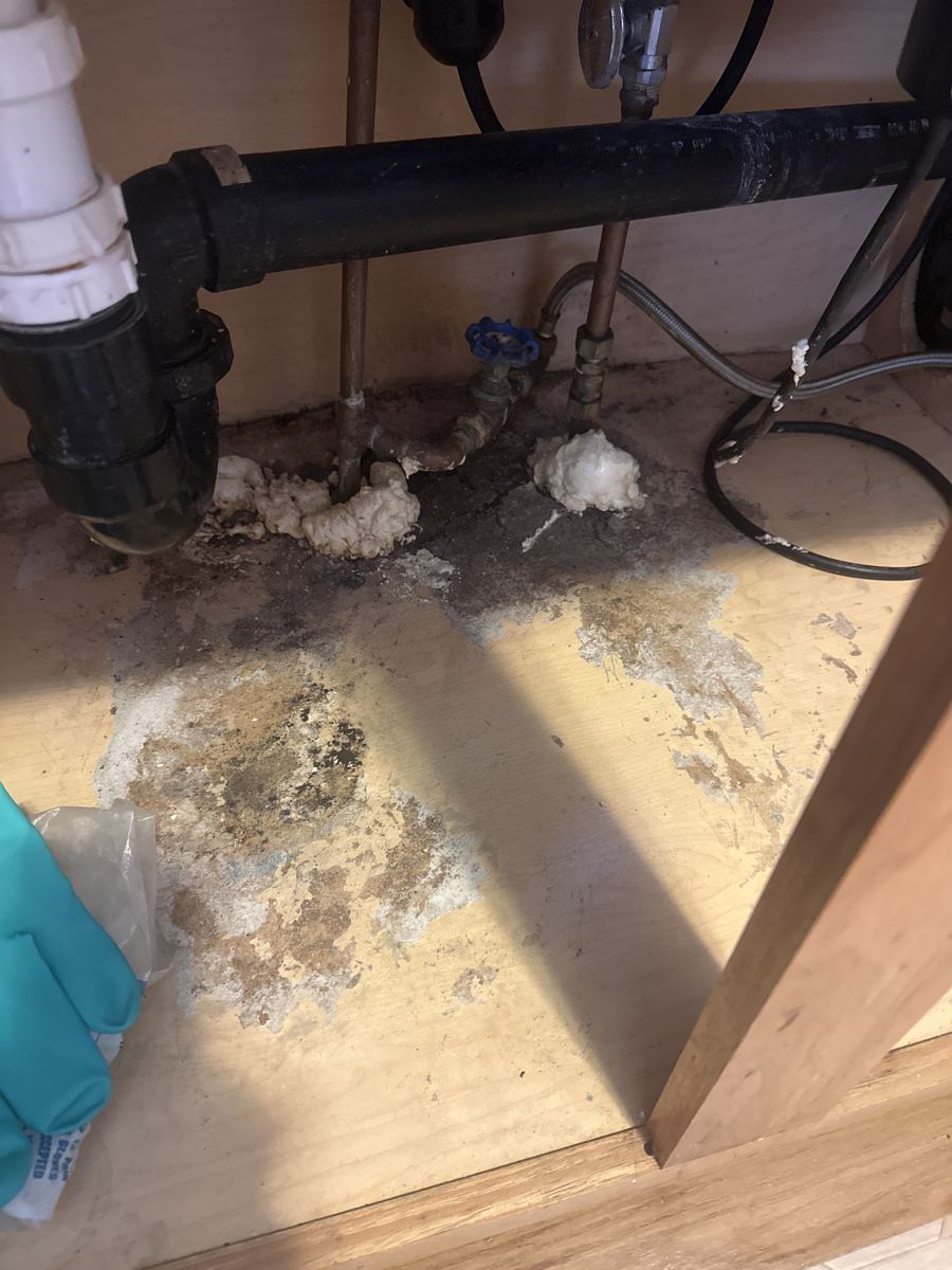 The leak area under the plumbing, with water-damaged flooring.