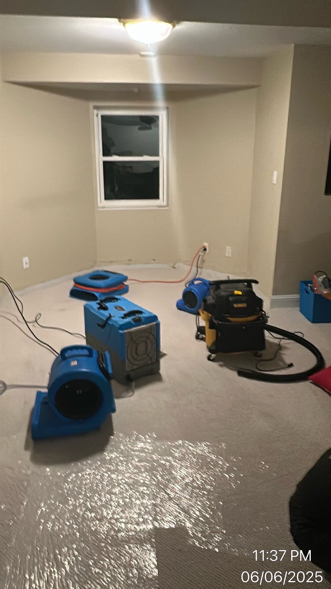Water extraction in progress - air movers and dehumidifiers drying out a flooded room